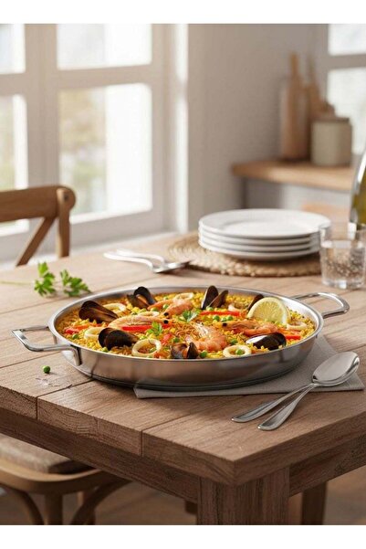 Easy Cooking Stainless Steel Paella Pan with Double Handle 24cm Silver 18/10 ...