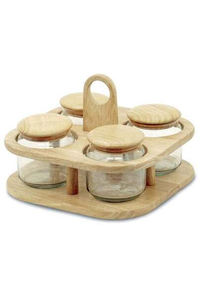 Quality Wood 4-Piece Rubberwood & Glass Revolving Spice Jar Set With Air-Tigh...