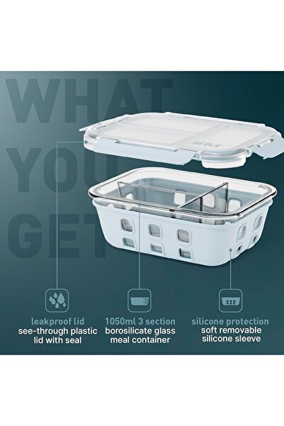 BEOLA 3 Compartment Glass Food Storage Container, Lunch Box, with Airtight Li...