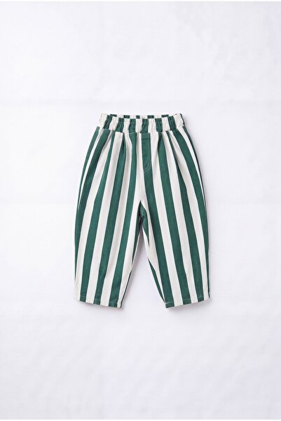 Magu Children's Green and White Striped Elastic Waist Pants
