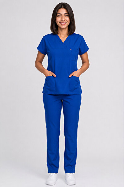 DENİZ İŞ Women's V-Neck Bat Sleeve Flexible Cotton Linda Fabric Scrubs Set wi...