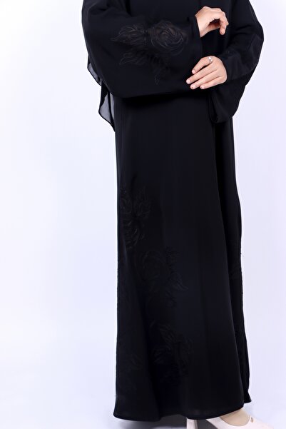 Izzah Bella Elegant Black Abaya with Floral Embroidery Panels