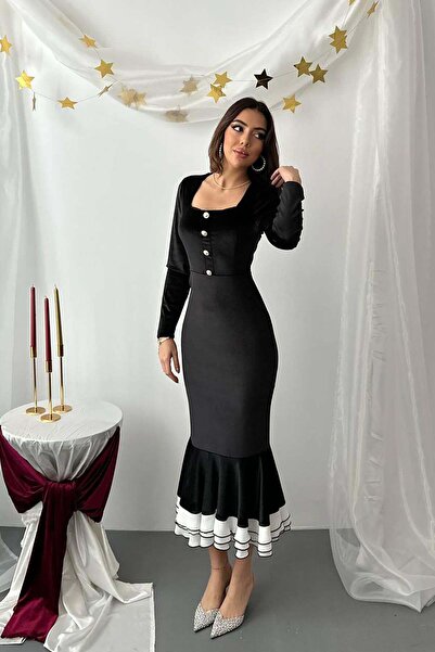Moda Days Γυναικείο μαύρο βελούδινο φόρεμα με τετράγωνο γιακά και λεπτομέρεια...