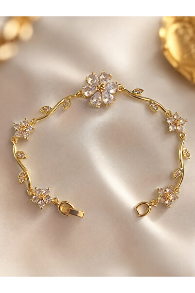 JEWELERY Tulip Çiçek Figürlü Zirkon Taşlı Gold Kadın Bileklik Zarif Şık Işılt...