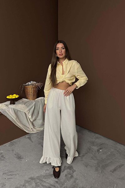 Moda Days Women's Beige Ruffle Cuffed Elastic Waist Wide Leg Woven Trousers w...