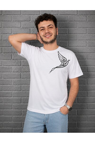 Krays تي شيرت للجنسين مطبوع عليه فن الخط مع شكل طائر على الصدر باللونين الأسو...