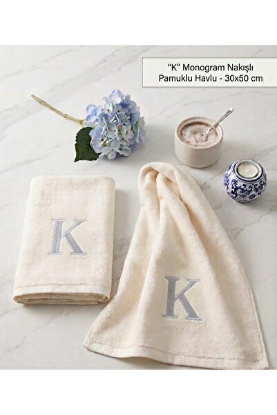 Denef Home Monogram Letter K Silver Embroidered Cotton Towel 30X50 cm