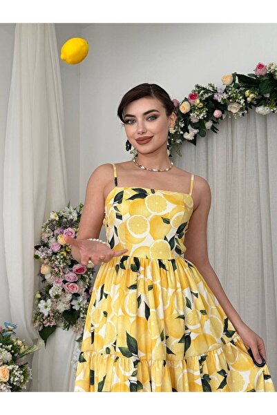 Moda Days Γυναικείο φόρεμα μίντι με τετράγωνο λαιμόκοψη, λεμονί μοτίβο, διπλό...