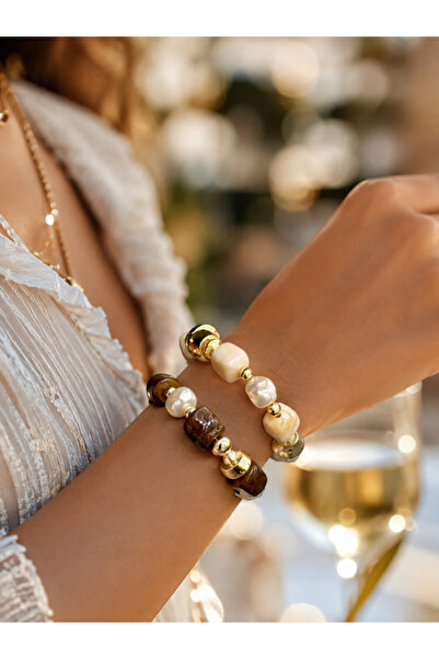 Elmosia Jewelry Double Bracelet Combination Natural Stone Pearl Stone Gold De...