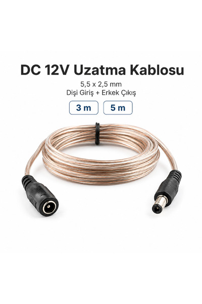 3 Metre 5,5 × 2,5 mm DC 12V Uzatma Kablosu