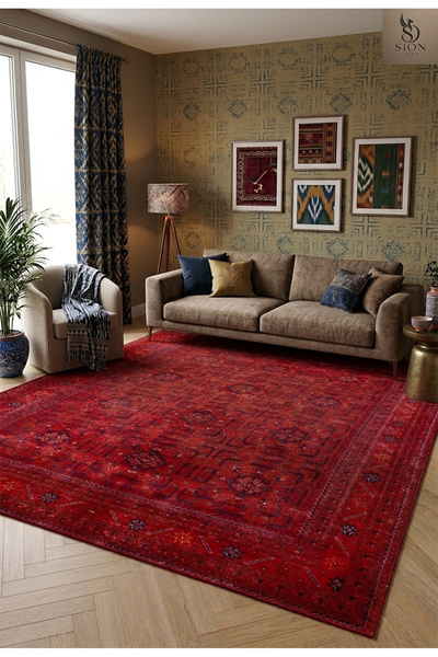 SionFabric Dijital Baskı Vintage Kırmızı Renkli Kaymaz Yıkanabilir Salon Halı...