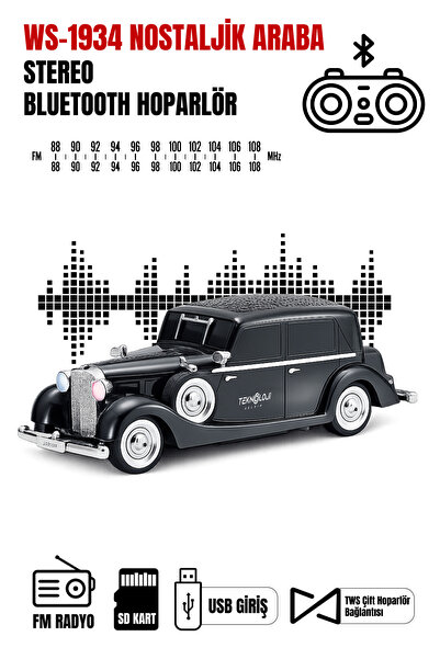 Teknoloji Gelsin Retro Bluetooth Hoparlör 10W Vintage Araba Tasarımlı FM Radyo USB TF Kart Destekli Tws Stereo