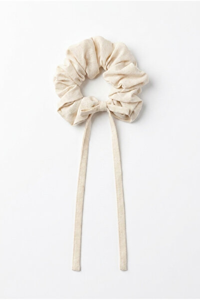 Q-İN Kadın Ekru/ Bej Keten Scrunchie Saç Tokası İpli,İnce Keten Kurdeleli Fiyonklu,Bohem Saç Aksesuarı