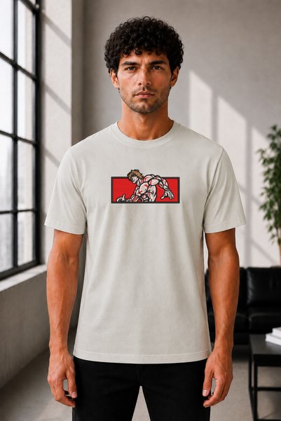 FAUNION Unisex Oversize Embroidered Baki Hanma Design 100% Cotton T-Shirt