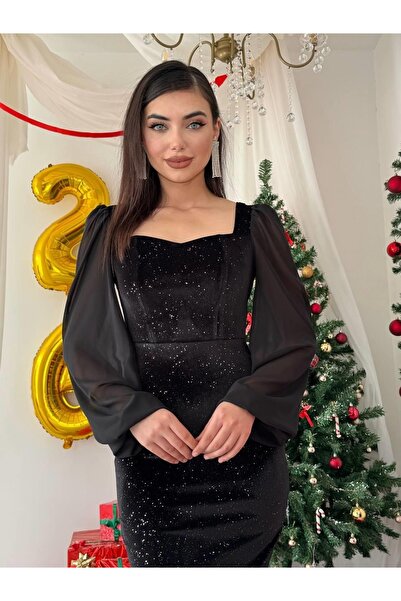 Moda Days فستان سهرة نسائي أسود لامع بأكمام بالون وياقة مربعة متوسطة الطول