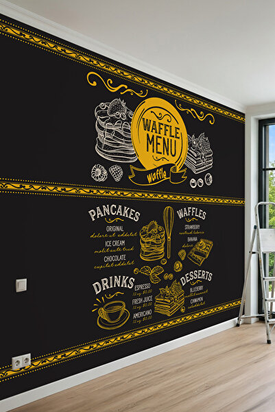 dreamwall Waffle Menü, Tatlı ve İçecek Çizimleri Motifli Tek Parça Tekstil Du...