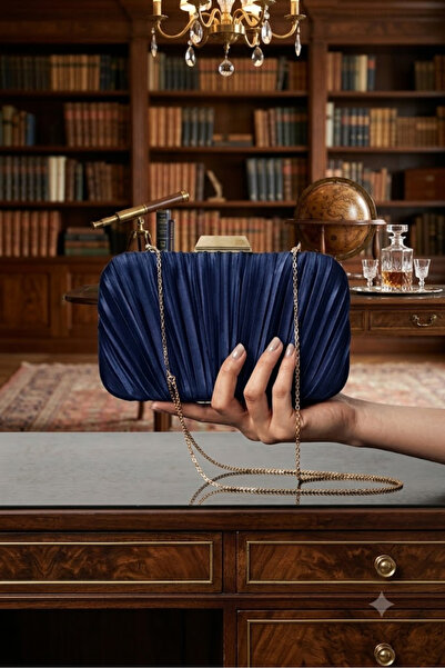 ZEYYMODA Navy Blue Mushroom Patterned Evening Bag Pleated Pattern Evening Bag...