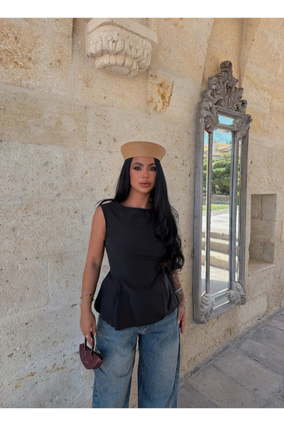 kırmızı butiks Black Back-Tie Poplin Blouse