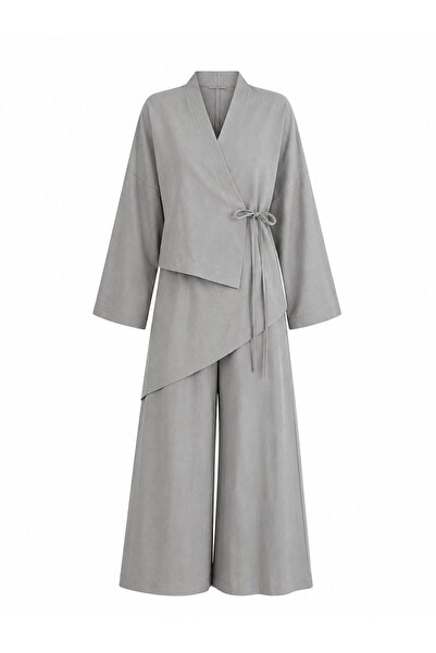 Laluvia Khaki Waist Bag Design Detailed Kimono Set - Tk8009