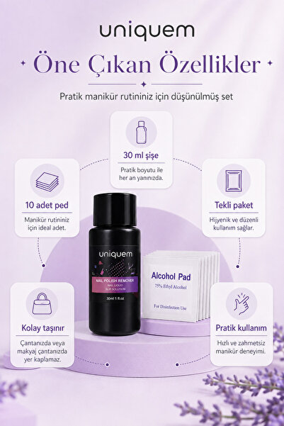 Uniquem Yapışkan Tabaka Temizleyici Kalıcı Oje Protez Tırnak Jel Kat Temizleme Cleanser Alcohol Pedli 30 ML