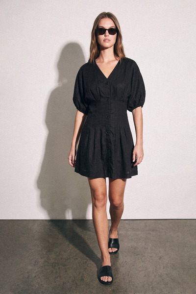 Nisan Pleated Linen Mixed Short Dress Black