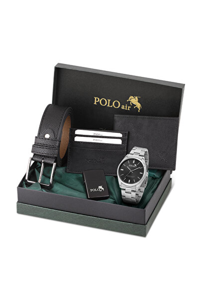 Poloair Klasik Metal Kordon Erkek Kol Saati Cüzdan Kemer Kartlık Çakmaklı Set...