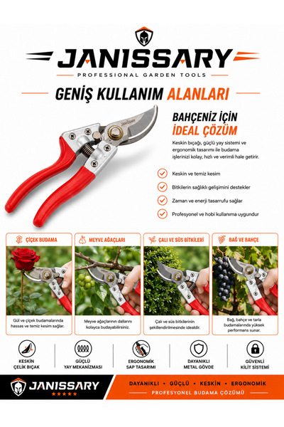 Janissary Profesyonel Budama Makası Ergonomik Saplı Keskin Çelik Bıçak Bahçe ...