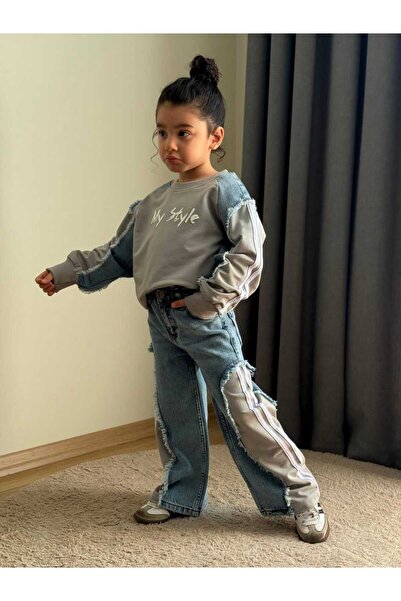 CHİCKİDSWEAR Girl's 2-Piece Set with Jeans and Sweatshirt Trousers