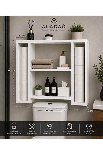 ALADAĞ HOME MDF Klozet Üstü Raf – Duvara Monte Banyo Rafı, Tuvalet Kağıdı Sta...