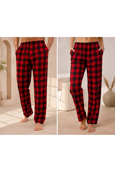 Mia Homewear PAMUKLU UNİSEX KIRMIZI VE SİYAH KARELİ CEPLİ PİJAMA ALTI.