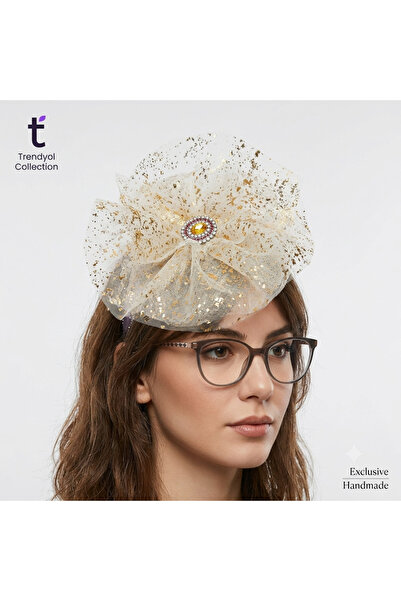 Generic Brand Bentita/Diadema eleganta de par Tip Fascinator cu Tul Aurit Apl...