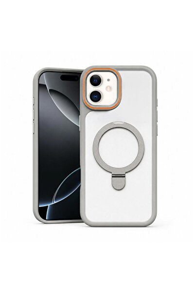 Zebana Apple iPhone 12 Uyumlu Kılıf MagRing Standlı Silikon Kılıf Gri