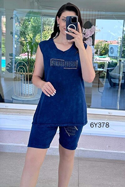 İnce Topuk Sequin Detail Washed Cotton Fabric Shorts Set 6Y378