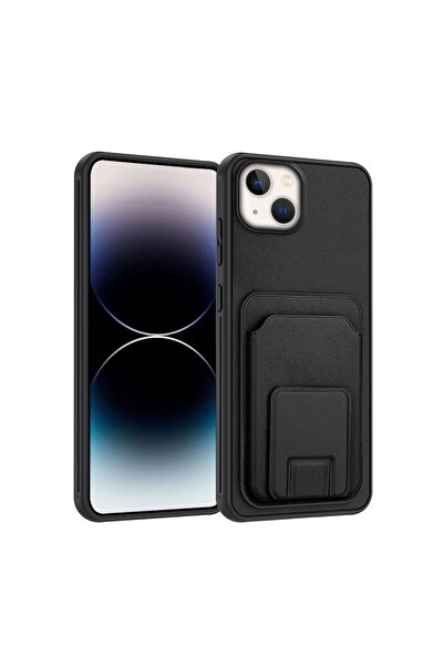 Zebana Apple iPhone 15 Plus Uyumlu Kılıf FlexStand Kartlıklı Silikon Kılıf Siyah
