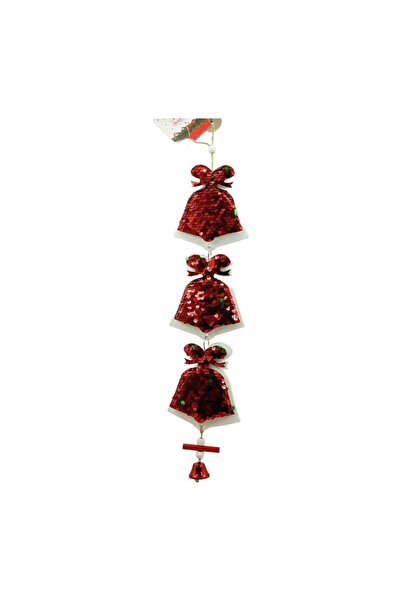 Rao Ornament de Brad Trei Clopotei cu Paiete, Rosu, Lemn, 36 Cm