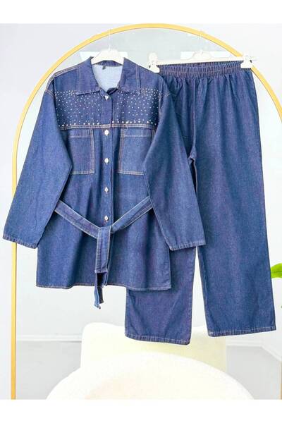 VOLT CLOTHİNG Γυναικείο Σετ Τζιν με Λεπτομέρειες από Πέτρα και Ζώνη, Διπλό Σετ