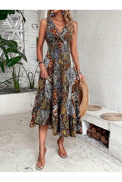 Generic Brand Women's waist taped ethnic pattern zero sleeve supreme dress