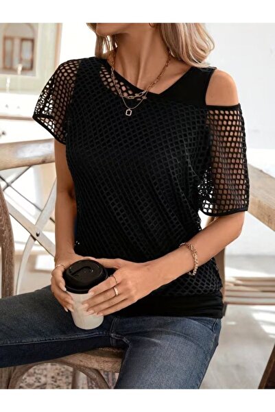 pazarella Women's round neck viscose tank top and mesh detailed blouse two-pi...