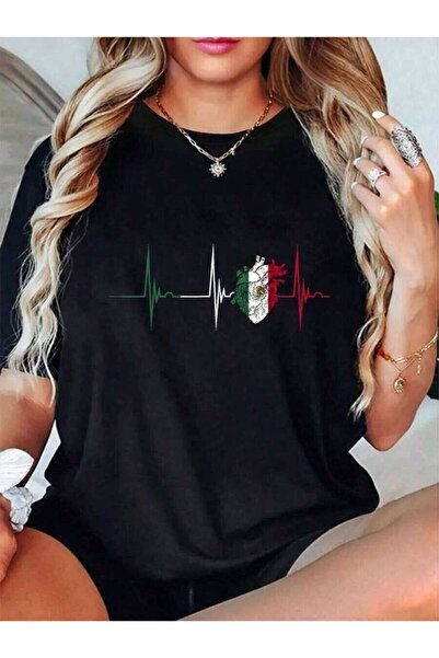 21JNRY تي شيرت على شكل قلب مع علم المكسيك ونبضات القلب EKG وفخر المكسيكيين