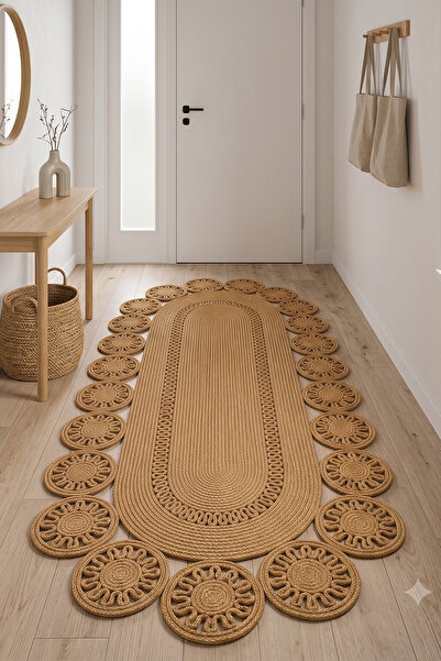 Villadia Home Textile Jüt Hasır Oval Kilim Dekoratif Örgü Model Halı Salon Ot...