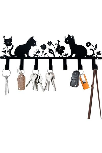 STARSTAR Black wall-mounted key rack with 7 hooks; decorative design; suitabl...