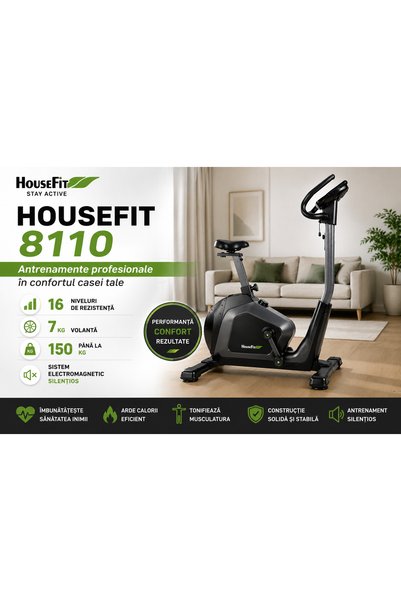 Housefit Bicicleta Fitness Electromagnetica 8110, Ergometru, Volanta 7 kg, 16 Niveluri de Rezistenta, Computer LCD, Masurare Puls, Sa Reglabila, Role Transport, Greutate Utilizator 150 kg