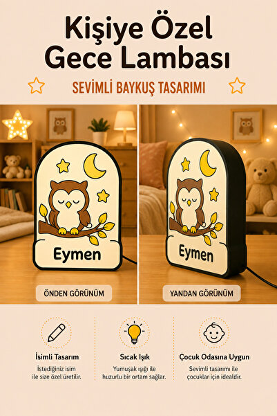 Tovo Craft Kişiye Özel İsimli Ay ve Yıldızlı Baykuş Gece Lambası Sıcak Işıklı...