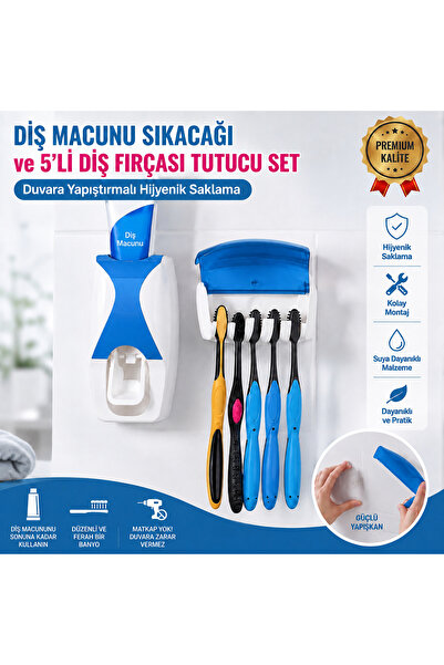 KONTEF Diş Macunu Sıkacağı Ve 5’li Diş Fırçalığı Macun sıkıcı diş fırçası tutucu