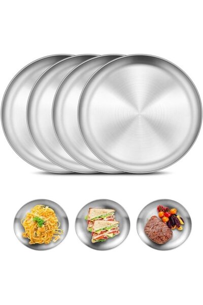 STARSTAR A set of 4 round stainless steel plates, 20cm in diameter - unbreaka...