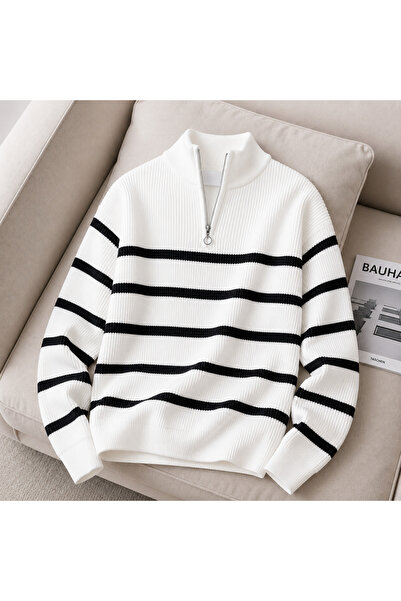 threeoff Men's Premium Ribbed Striped Knitwear Sweater with Half Zipper Moder...