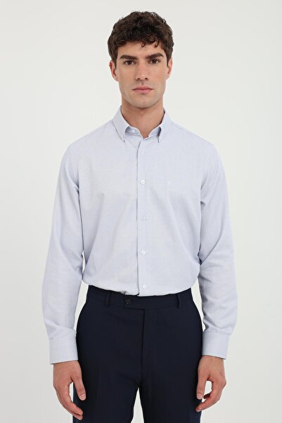 Dufy Men's Regular Fit Button-Down Collar Long Sleeve Blue Shirt