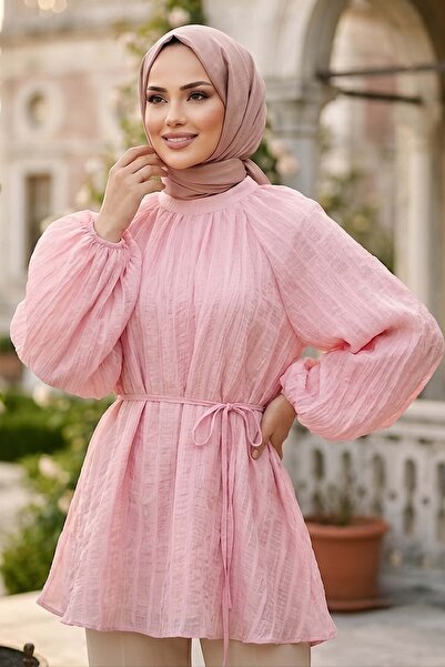 TOFİSA Çizgili Pileli C Yaka Tunik Pembe - 28772-PEMBE