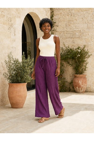 Qett Elastic Waist Lace-Up Loose Comfortable Wrinkled Trousers