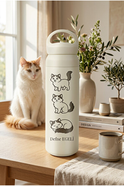 Kişiselleştirilebilir Collego Kişiye Özel Kedi Tasarımlı Termos– İsim Yazılabilir Lazer İşlemeli 500 ml NO1